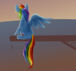 Size: 1545x1449 | Tagged: safe, artist:candygold, rainbow dash, pegasus, pony, g4, abstract background, feather, female, mare, rear view, sitting, solo, spread wings, wings, wip