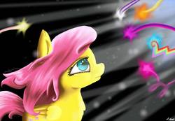 Size: 1024x708 | Tagged: safe, artist:candygold, fluttershy, pegasus, pony, g4, abstract background, chest fluff, cutie mark, eye reflection, female, implied mane six, mare, reflection, solo, windswept mane