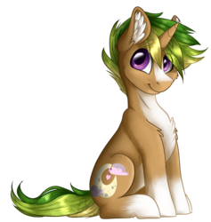 Size: 2050x2160 | Tagged: safe, artist:candygold, oc, oc only, oc:serik, pony, unicorn, blaze (coat marking), cheek fluff, chest fluff, coat markings, commission, cute, ear fluff, eye clipping through hair, facial markings, high res, horn, looking at you, male, ocbetes, pale belly, simple background, sitting, smiling, socks (coat markings), solo, stallion, transparent background, unicorn oc