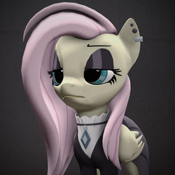 Size: 1080x1080 | Tagged: safe, artist:dazzion, fluttershy, pegasus, pony, g4, 3d, bust, clothes, ear piercing, eyeshadow, female, fluttergoth, folded wings, grainy, jewelry, makeup, mare, noise, piercing, portrait, pose, solo, source filmmaker, wings