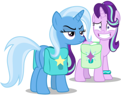 Size: 7602x6000 | Tagged: safe, artist:famousmari5, starlight glimmer, trixie, pony, unicorn, g4, student counsel, absurd resolution, butt, female, lidded eyes, mare, plot, saddle bag, simple background, smiling, transparent background, trixie is not amused, unamused, vector