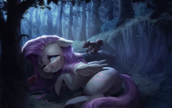 Size: 3000x1900 | Tagged: safe, artist:vanillaghosties, fluttershy, pegasus, pony, squirrel, g4, comfort, dark, female, forest, lip bite, mare, one eye closed, scenery, solo, tree