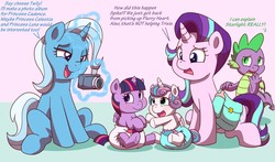 Size: 1280x753 | Tagged: safe, artist:artiecanvas, princess flurry heart, spike, starlight glimmer, trixie, twilight sparkle, alicorn, dragon, pony, ail-icorn, g4, spoiler:interseason shorts, age regression, baby, baby bottle, baby flurry heart, baby pony, babylight sparkle, camera, diaper, diaper bag, foal, foal bottle, levitation, magic, poofy diaper, simple background, telekinesis, twilight sparkle (alicorn), winged spike, wings