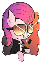 Size: 1662x2522 | Tagged: safe, artist:lamb, pinkie pie, earth pony, pony, g4, alcohol, alternate hairstyle, cigarette, clothes, jack daniels, smoking, suit, sunglasses, whiskey