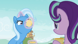 Size: 960x540 | Tagged: safe, edit, edited screencap, screencap, starlight glimmer, trixie, pony, unicorn, g4, student counsel, angry tea drinking, animated, cup, drinking, duo, female, food, frown, gif, jewelry, loop, magic, magic aura, reversed, tea, teacup, telekinesis, that pony sure does love teacups, trixie is not amused, unamused