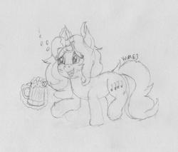 Size: 2567x2184 | Tagged: safe, artist:wapamario63, oc, oc only, oc:songheart, pony, unicorn, alcohol, beer, drunk, female, high res, mare, monochrome, sketch, solo, traditional art