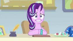Size: 1280x720 | Tagged: safe, screencap, starlight glimmer, pony, g4, student counsel, awkward smile, bracelet, female, hooves together, jewelry, mare, smiling, solo
