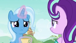 Size: 1920x1080 | Tagged: safe, screencap, starlight glimmer, trixie, pony, unicorn, student counsel, cup, cute, diatrixes, female, magic, mare, sad, sadorable, teacup, that pony sure does love teacups