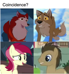 Size: 606x651 | Tagged: safe, edit, screencap, doctor whooves, roseluck, time turner, dog, husky, pony, wolf, wolfdog, g4, amblimation, apple, balto, coincidence, fanfic fuel, female, flower, food, jenna, male, meme, screencap from another series, snow, stallion, universal
