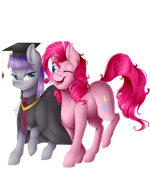 Size: 3000x3457 | Tagged: safe, artist:allex-ai, artist:vavaig69, maud pie, pinkie pie, earth pony, pony, g4, rock solid friendship, clothes, cute, duo, female, graduation, graduation cap, happy, hat, high res, lidded eyes, looking at each other, mare, one eye closed, open mouth, pie sisters, robe, rocktorate, siblings, simple background, sisters, transparent background
