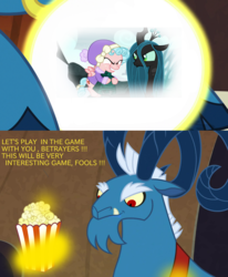 Size: 1400x1700 | Tagged: safe, edit, edited screencap, screencap, cozy glow, grogar, queen chrysalis, changeling, changeling queen, pegasus, pony, frenemies (episode), g4, bell, crystal ball, female, filly, food, popcorn