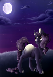 Size: 3000x4300 | Tagged: safe, artist:allex-ai, artist:vavaig69, oc, oc only, oc:nightlight glow, pony, unicorn, braided tail, butt freckles, commission, female, freckles, full moon, looking up, mare, moon, night, ponytail, smiling, solo, sparkles, stars, tail jewelry