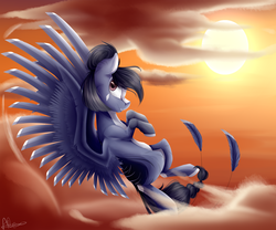 Size: 4800x4000 | Tagged: safe, artist:allex-ai, artist:vavaig69, oc, oc only, oc:olive, pegasus, pony, blank flank, cloud, coat markings, feather, female, flying, hair bun, looking at you, mare, smiling, solo, spread wings, sun, wings