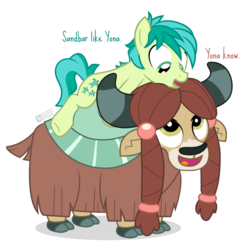 Size: 900x900 | Tagged: safe, artist:dm29, sandbar, yona, earth pony, pony, yak, g4, cute, duo, duo male and female, female, interspecies, larger female, looking at each other, looking at someone, male, open mouth, ponies riding yaks, riding, sandabetes, sandbar riding yona, ship:yonabar, shipping, simple background, size difference, smaller male, straight, transparent background, yonadorable