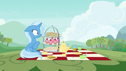 Size: 1920x1080 | Tagged: safe, screencap, trixie, pony, g4, student counsel, cup, cupcake, female, floppy ears, food, kettle, mare, picnic blanket, sandwich, solo, teacup, that pony sure does love teacups