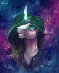 Size: 1000x1250 | Tagged: safe, artist:new-house, oc, oc only, pony, unicorn, bust, clothes, curved horn, floppy ears, galaxy, glowing horn, hair over one eye, horn, looking up, solo, space, stars, teeth