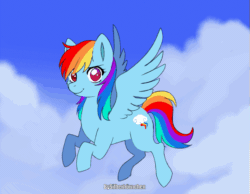 Size: 665x517 | Tagged: safe, artist:silberhoernchen, rainbow dash, pegasus, pony, g4, animated, cloud, female, flying, gif, looking at you, solo
