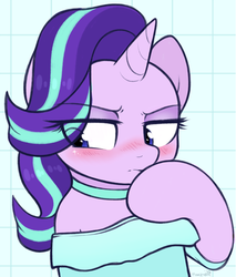 Size: 2740x3220 | Tagged: safe, artist:moozua, starlight glimmer, pony, unicorn, g4, blushing, bust, choker, clothes, cute, dress, eye clipping through hair, female, glimmerbetes, high res, human shoulders, mare, off shoulder, portrait, raised hoof, solo