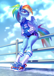 Size: 2067x2894 | Tagged: dead source, safe, artist:holivi, rainbow dash, pegasus, anthro, unguligrade anthro, g4, butt squish, clothes, female, hand in pocket, high res, jacket, legs, ponytail, railing, schrödinger's pantsu, shoes, shorts, sitting, sneakers, socks, solo, sunny day, tail, varsity jacket, wings