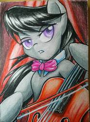 Size: 780x1052 | Tagged: safe, artist:elusiveautumn, octavia melody, earth pony, pony, g4, bow (instrument), bowtie, cello, colored pencil drawing, female, mare, musical instrument, solo, traditional art