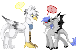 Size: 1200x807 | Tagged: safe, artist:melodytheartpony, oc, oc:melody silver, dracony, griffon, hybrid, amputee, angry, butt, clothes, confused, female, funny, male, plot, prosthetic eye, prosthetic leg, prosthetic limb, prosthetics, scarf, size difference