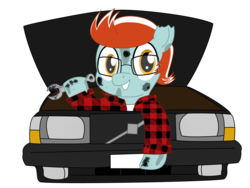 Size: 3200x2400 | Tagged: safe, artist:toyminator900, oc, oc only, oc:doofs, earth pony, pony, alternate hairstyle, car, clothes, commission, glasses, high res, mechanic, oil, solo, volvo, wrench