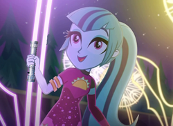 Size: 983x720 | Tagged: safe, edit, edited screencap, screencap, sonata dusk, equestria girls, find the magic, g4, my little pony equestria girls: better together, clothes, cute, dress, jedi, lightsaber, singing, smiling, sonatabetes, star wars, taco dress, the dazzlings have returned, tree, weapon