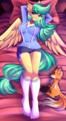 Size: 2207x4047 | Tagged: safe, artist:airiniblock, oc, oc only, oc:summer ray, fox, pegasus, anthro, plantigrade anthro, rcf community, bed, clothes, commission, looking at you, pillow, plushie, shorts, smiling, solo, toy