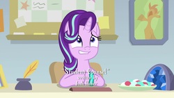 Size: 1920x1080 | Tagged: safe, screencap, starlight glimmer, pony, unicorn, student counsel, bracelet, candy, female, food, geode, grin, jewelry, josh haber, mare, nervous, nervous grin, smiling, solo, starlight glimmer is best facemaker