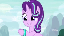 Size: 1366x768 | Tagged: safe, screencap, starlight glimmer, pony, g4, student counsel, armband, discovery family logo, female, mare, outdoors, solo