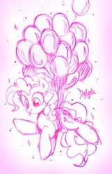 Size: 720x1120 | Tagged: safe, artist:liaaqila, pinkie pie, earth pony, pony, g4, :p, balloon, cute, diapinkes, female, floating, flying, gradient background, mare, monochrome, ponk, simple background, sketch, smiling, solo, sparkles, then watch her balloons lift her up to the sky, tongue out, traditional art, white background