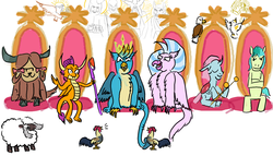 Size: 1400x800 | Tagged: safe, artist:horsesplease, gallus, gilda, ocellus, sandbar, silverstream, smolder, yona, angel, bird, changedling, changeling, cockatoo, dragon, eagle, earth pony, griffon, hippogriff, pony, sheep, vulture, wooloo, yak, g4, 60s spider-man, background gilda, bad end, bloodstone scepter, colored, council of doom, crowing, crown, crown of grover, electro, evil gallus, evil grin, evil ocellus, evil sandbar, evil silverstream, evil smolder, evil student six, evil yona, gallus the rooster, gilda is an angel, god-emperor of mankind, gods, good end, green goblin, grin, jewelry, khopesh, king gallus, me and the boys, meme, metal bawkses, paint tool sai, pokémon, queen silverstream, regalia, rhino tank, rooster, smiling, student six, sword, this will end in death, this will end in tears, this will end in tears and/or death, throne, weapon