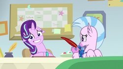 Size: 1920x1080 | Tagged: safe, screencap, silverstream, starlight glimmer, g4, student counsel, bulletin board, desk, office, quill, quill pen, starlight glimmer is best facemaker