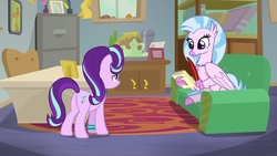Size: 1920x1080 | Tagged: safe, screencap, silverstream, starlight glimmer, g4, student counsel, cabinet, chair, couch, desk, discovery family logo, office, rug, teapot