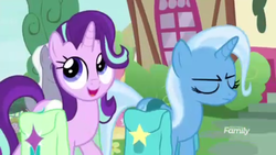 Size: 1366x768 | Tagged: safe, screencap, starlight glimmer, trixie, pony, unicorn, student counsel, cute, discovery family logo, eyes closed, female, glimmerbetes, mare, open mouth, ponyville, saddle bag, trixie is not amused, unamused