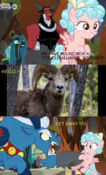 Size: 1400x2300 | Tagged: safe, edit, edited screencap, screencap, cozy glow, grogar, lord tirek, queen chrysalis, centaur, changeling, changeling queen, pegasus, pony, frenemies (episode), g4, the beginning of the end, cozybuse, female, filly, irl, photo, ram