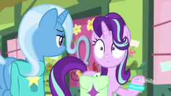 Size: 1366x768 | Tagged: safe, screencap, starlight glimmer, trixie, pony, g4, student counsel, bracelet, discovery family logo, flower shop, glowing, jewelry