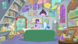 Size: 1366x768 | Tagged: safe, screencap, starlight glimmer, trixie, pony, g4, student counsel, book, bucket, cabinet, ceiling light, couch, glass case, kite, lamp, office, picture frame, shelf, that pony sure does love kites, window