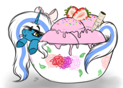 Size: 1057x756 | Tagged: safe, artist:beamybutt, oc, oc:fleurbelle, alicorn, pony, adorabelle, alicorn oc, bow, bowl, cute, female, food, hair bow, ice cream, mare, sprinkles, strawberry, tongue out