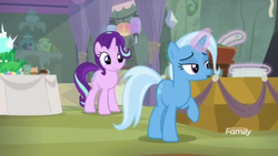 Size: 1366x768 | Tagged: safe, screencap, starlight glimmer, trixie, pony, unicorn, g4, student counsel, cake, cave, cupcake, curtains, discovery family logo, equinox cake, food, ladle, levitation, magic, plate, smiling, table, telekinesis, tray