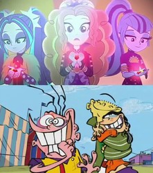 Size: 894x1012 | Tagged: safe, adagio dazzle, aria blaze, sonata dusk, equestria girls, find the magic, g4, my little pony equestria girls: better together, double d, ed (ed edd n eddy), ed edd n eddy, ed edd n eddy's big picture show, edd, eddy (ed edd n eddy), happy, the dazzlings, the dazzlings have returned, the eds