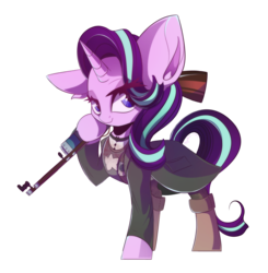 Size: 1958x2000 | Tagged: safe, artist:hagalazka, starlight glimmer, pony, unicorn, g4, boots, clothes, commission, female, gun, impossibly large ears, looking at you, mare, shirt, shoes, simple background, solo, transparent background, weapon
