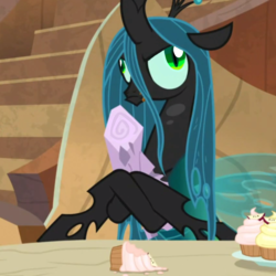 Size: 800x800 | Tagged: safe, edit, edited screencap, screencap, mean twilight sparkle, queen chrysalis, changeling, changeling queen, frenemies (episode), g4, cropped, dead, derp, faic, female, log, twilog, wood