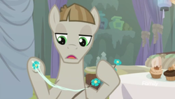 Size: 1366x768 | Tagged: safe, screencap, mudbriar, earth pony, pony, g4, student counsel, cupcake, flower, food, glue, male, solo, stallion, stick, table