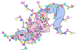 Size: 1024x672 | Tagged: safe, oc, oc:sugarless bubblegum, alicorn, pony, alicorn oc, christmas, christmas lights, face down ass up, holiday, simple background, tangled up, transparent background