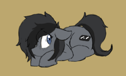 Size: 1459x874 | Tagged: safe, artist:crazy water, oc, oc only, oc:smooth slate, earth pony, pony, adorable distress, cute, ears back, female, lying, lying down, mare, ponyloaf, prone, scared, shy, solo