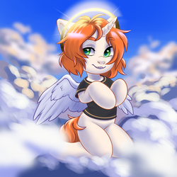 Size: 2000x2000 | Tagged: safe, artist:hollybright, oc, oc only, oc:etoz, angel, pony, unicorn, clothes, cloud, commission, cute, fake wings, fangs, female, halo, high res, mare, open mouth, shirt, sky, smiling, solo, t-shirt, wings, ych result