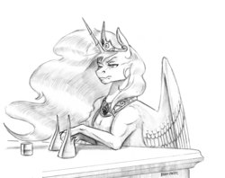 Size: 1400x1109 | Tagged: safe, artist:baron engel, princess celestia, alicorn, pony, g4, female, grayscale, mare, monochrome, pencil drawing, simple background, solo, story included, traditional art, white background