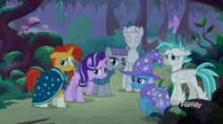 Size: 1366x766 | Tagged: safe, screencap, maud pie, mudbriar, starlight glimmer, sunburst, terramar, trixie, earth pony, hippogriff, pony, unicorn, g4, student counsel, everfree forest, female, male, mare, night, petrification, rockbriar, scared, stallion, statue, worried