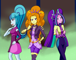 Size: 2000x1600 | Tagged: safe, artist:jake heritagu, adagio dazzle, aria blaze, sonata dusk, equestria girls, find the magic, g4, my little pony equestria girls: better together, bracelet, clothes, greenbutt pants, jacket, jewelry, leather jacket, pigtails, polka dots, ponytail, shorts, spiked headband, the dazzlings, twintails